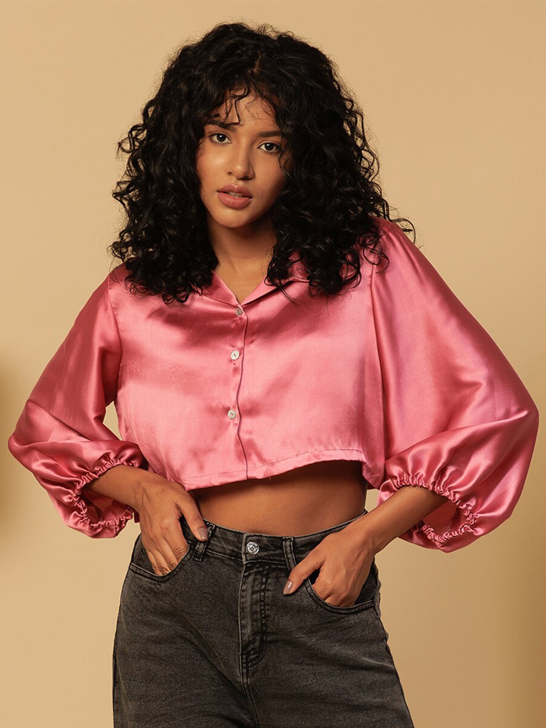 

Urban Sundari Shirt Collar Puff Sleeves Satin Crop Shirt Style Top, Pink
