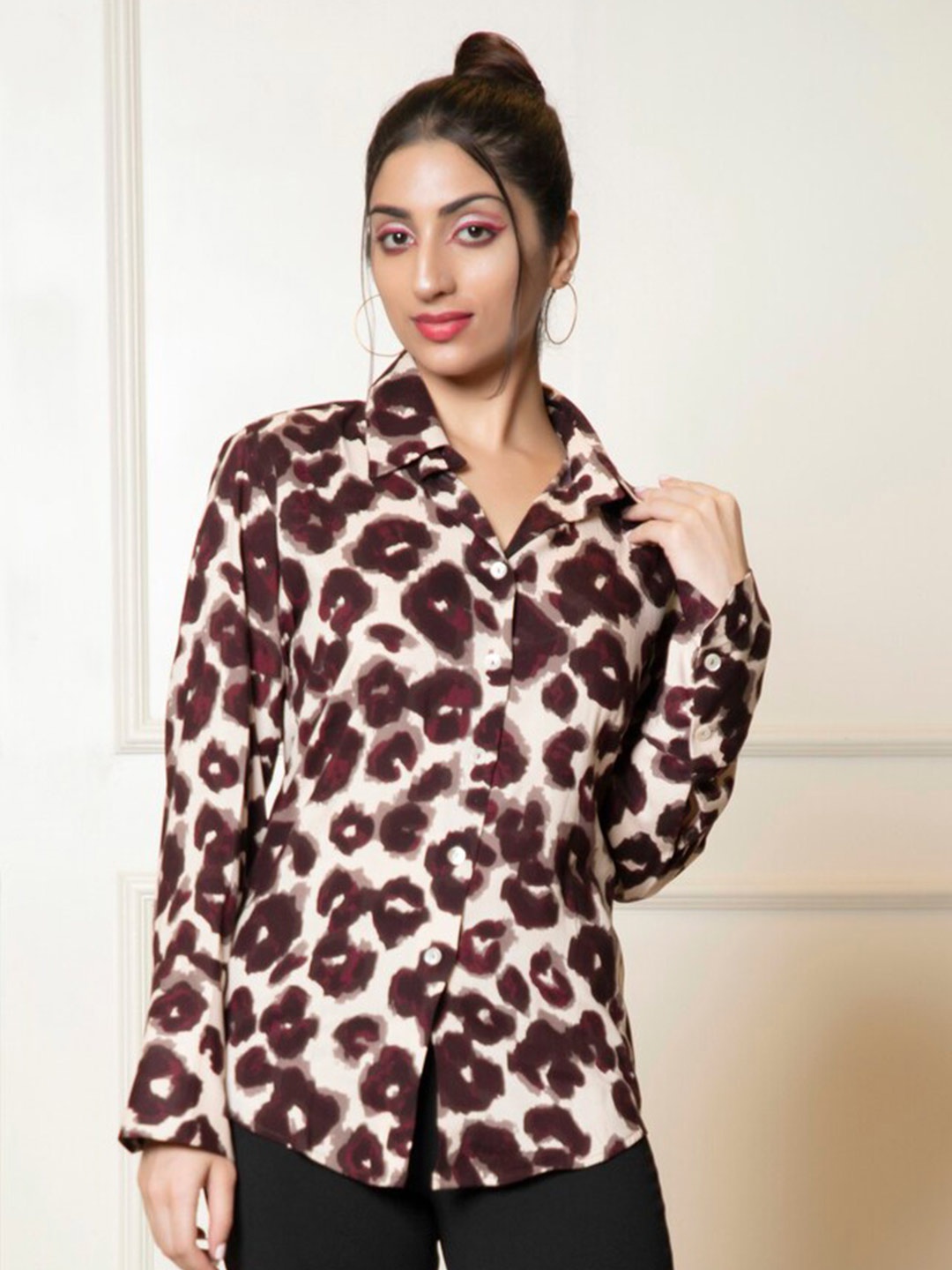

Urban Sundari Classic Animal Printed Cotton Casual Shirt, Beige