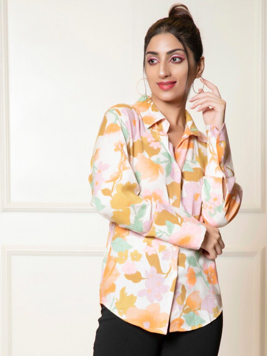 

Urban Sundari Classic Floral Printed Cotton Casual Shirt, Yellow