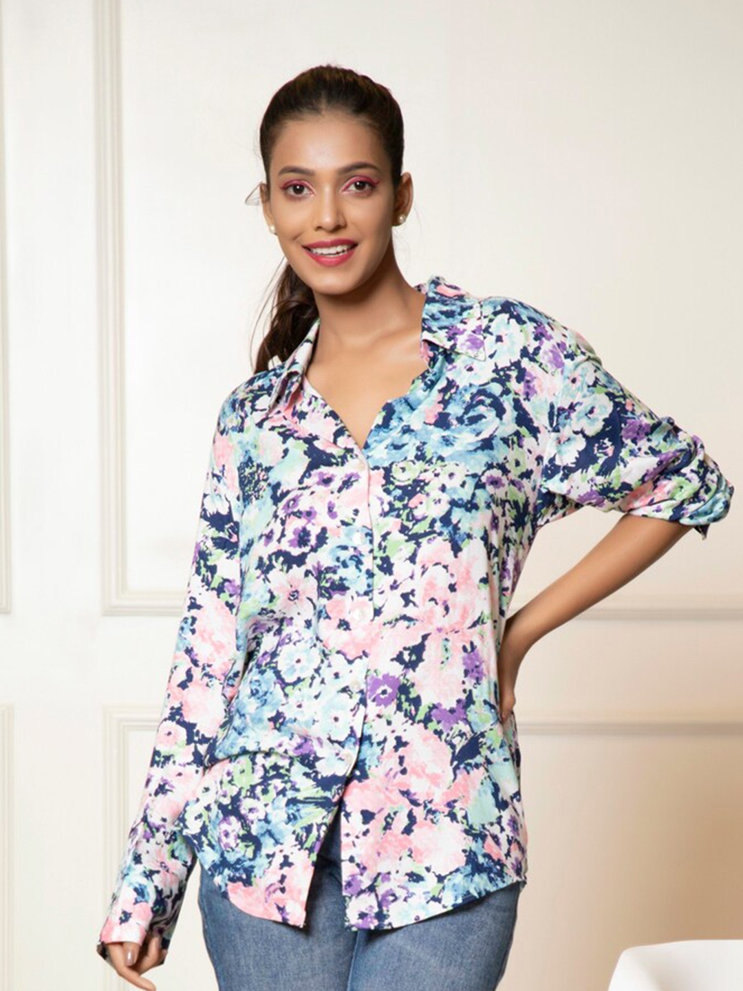 

Urban Sundari Classic Floral Printed Cotton Casual Shirt, Blue