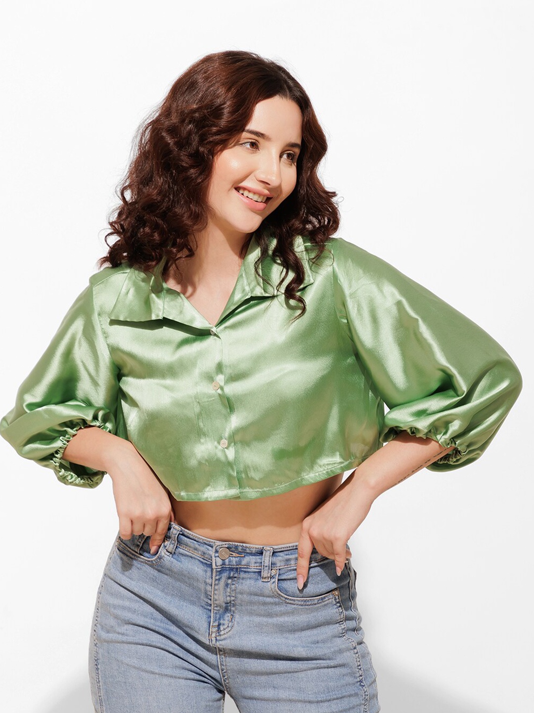 

Urban Sundari Shirt Collar Puff Sleeves Satin Crop Shirt Style Top, Green