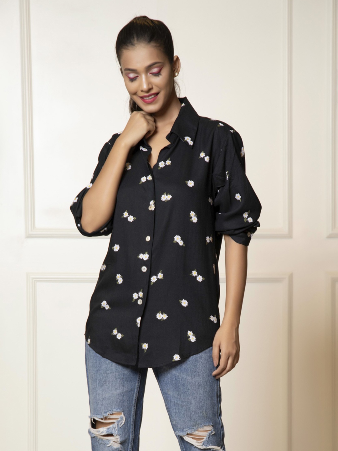

Urban Sundari Women Black Classic Opaque Casual Shirt