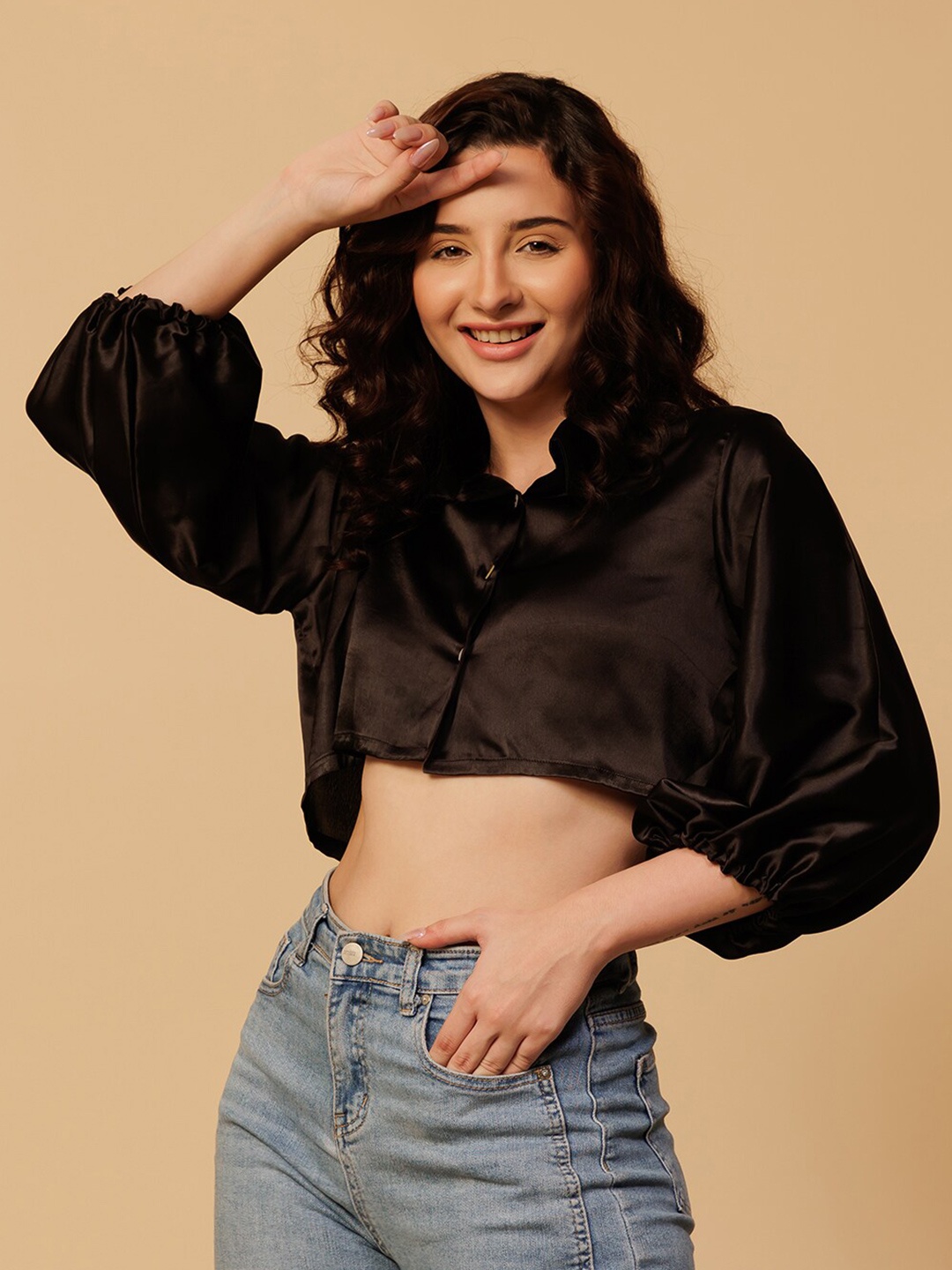 

Urban Sundari Shirt Collar Puff Sleeves Satin Crop Shirt Style Top, Black