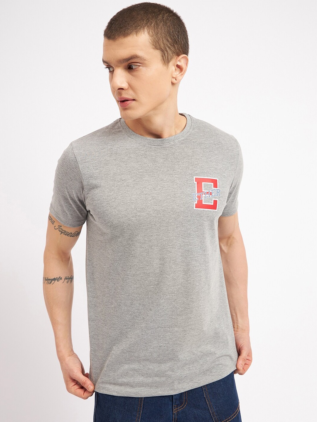 ether Grey Brand Logo Printed Pure Cotton T-shirt