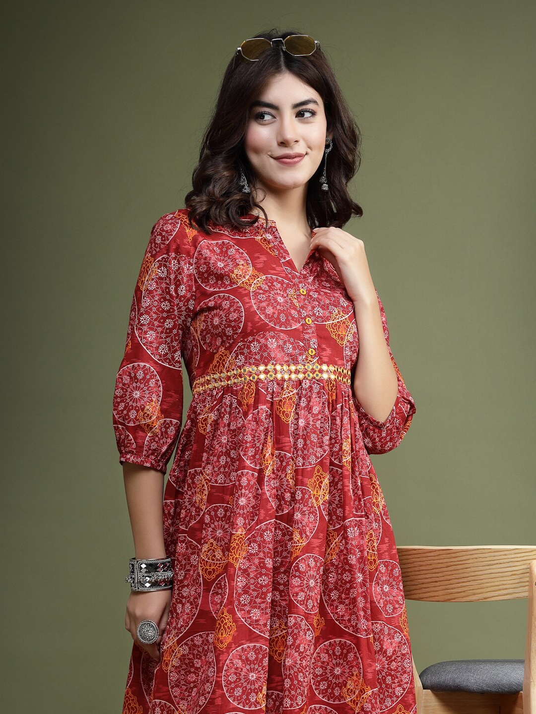 

Sangria Floral Printed Mirror Work Cotton Fit & Flare Midi Ethnic Dress, Maroon