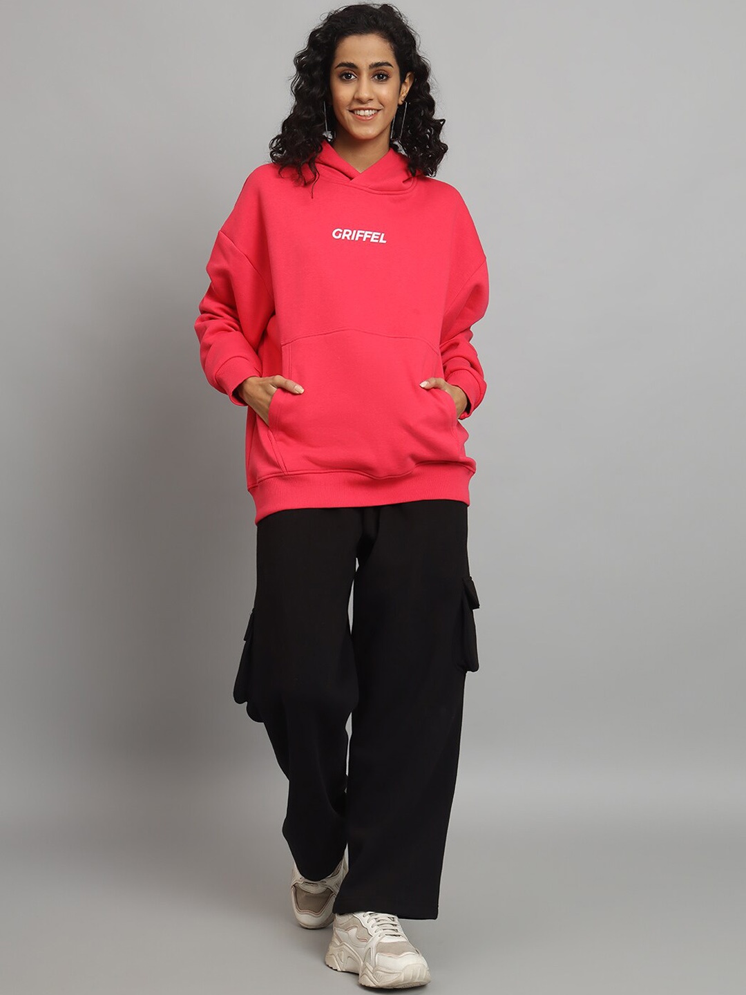 

GRIFFEL Typography Printed Hooded Mid-Rise Fleece Tracksuits, Pink