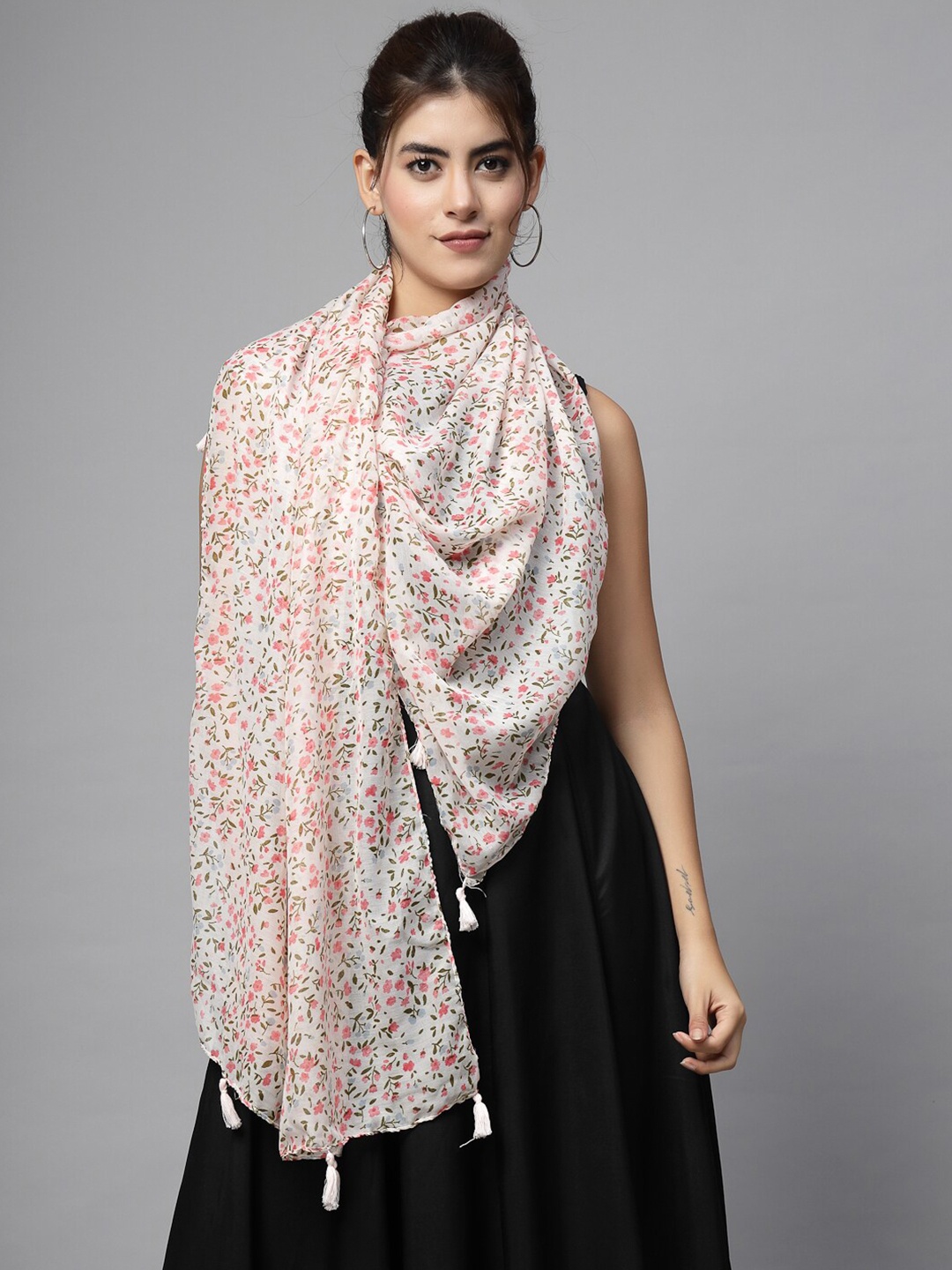 

J Style Floral Printed Tasselled Stole, White