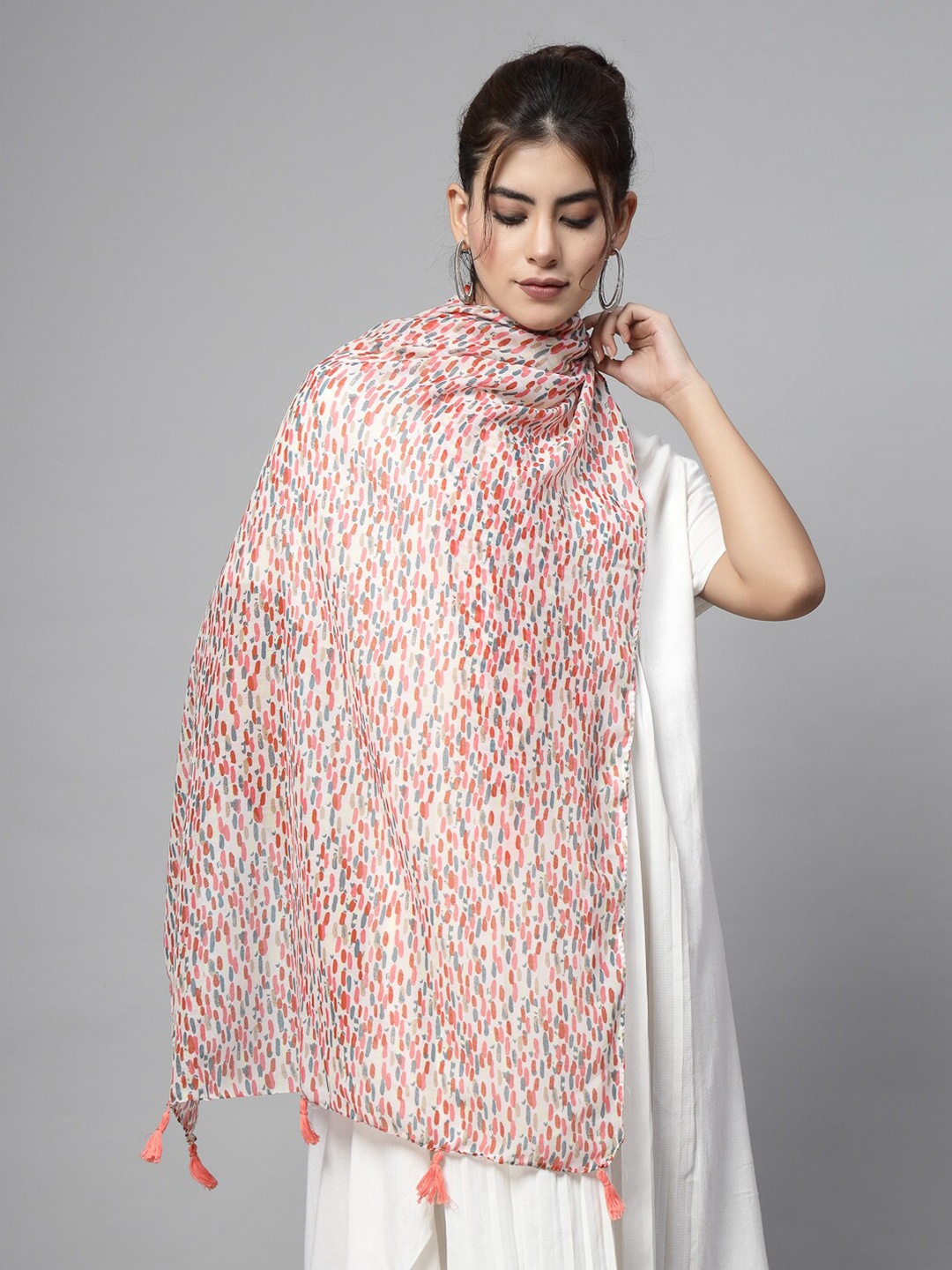 

J Style Abstract Printed Tasselled Stole, White