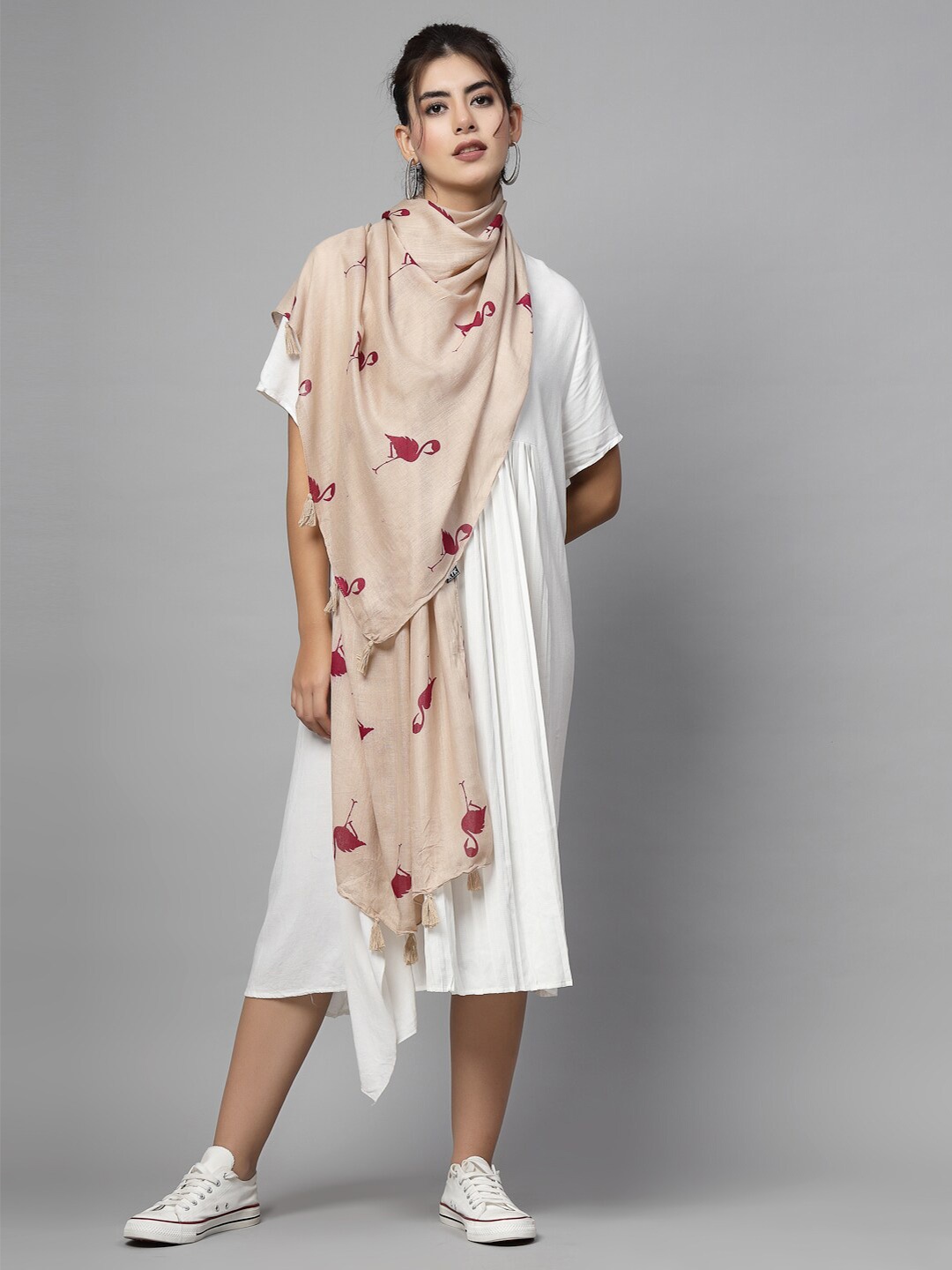 

J Style Conversational Printed Tasselled Stole, Cream