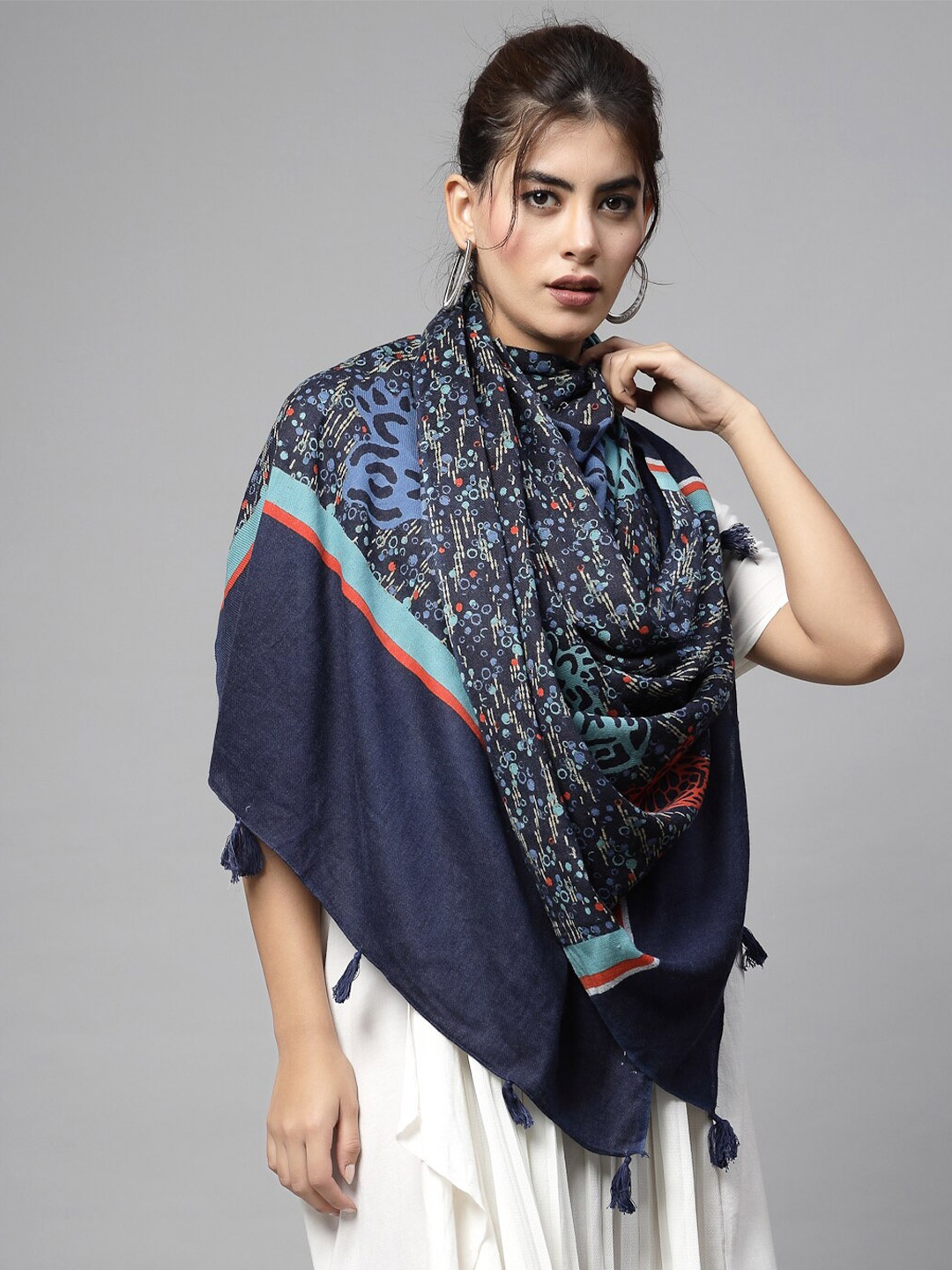 

J Style Abstract Printed Tasselled Stole, Blue