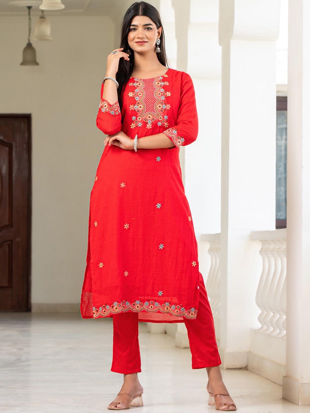 

PREKSHA Floral Embroidered Kurta with Trousers & Dupatta, Red