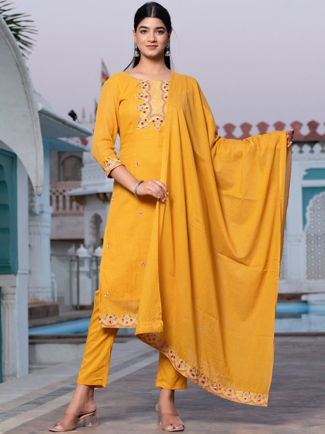 

PREKSHA Floral Embroidered Mirror Work Kurta With Trousers & Dupatta, Yellow