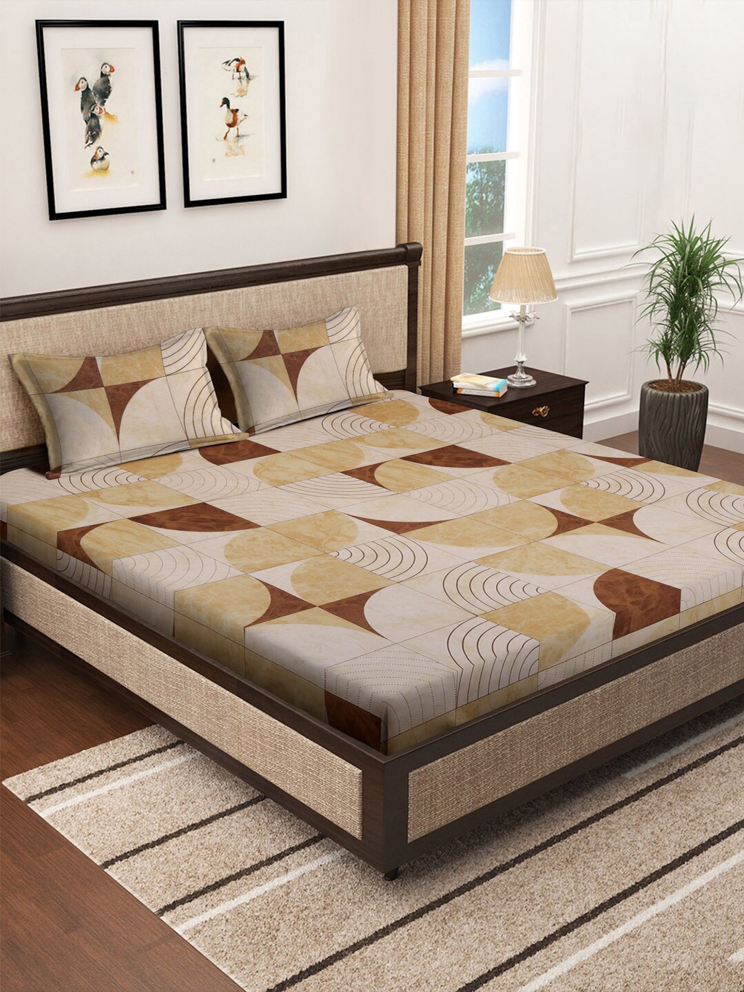 

KLOTTHE Printed 400 TC Pure Cotton Super King Double Bed Bedsheet With 2 Pillow Covers, Beige