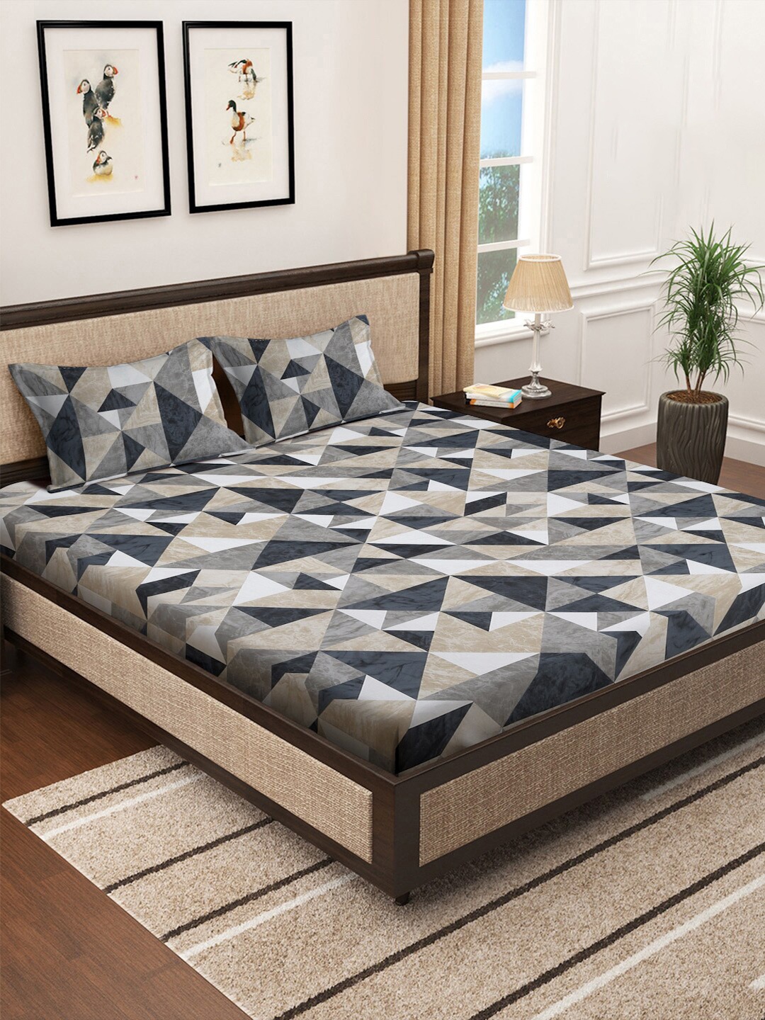 

KLOTTHE Geometric Printed 400 TC Cotton Double Super King Bedsheet with 2 Pillow Cover, Brown