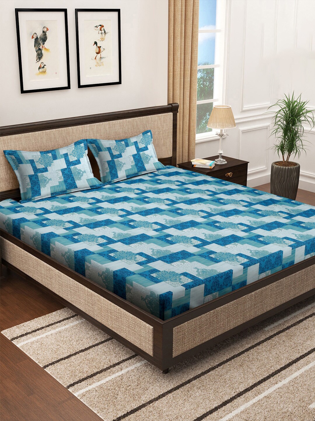 

KLOTTHE Blue Printed 400 TC Pure Cotton Super King Bedsheet With 2 Pillow Cover