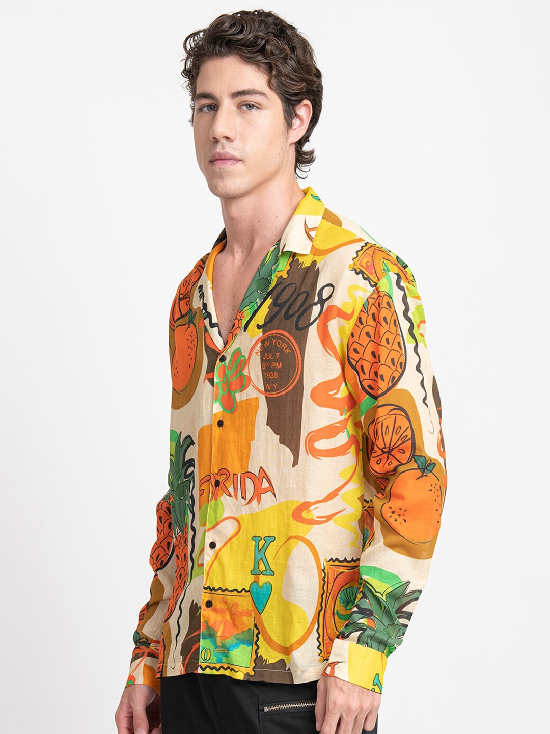 

KISSOSS Classic Conversational Printed Cotton Oversized Casual Shirt, Beige