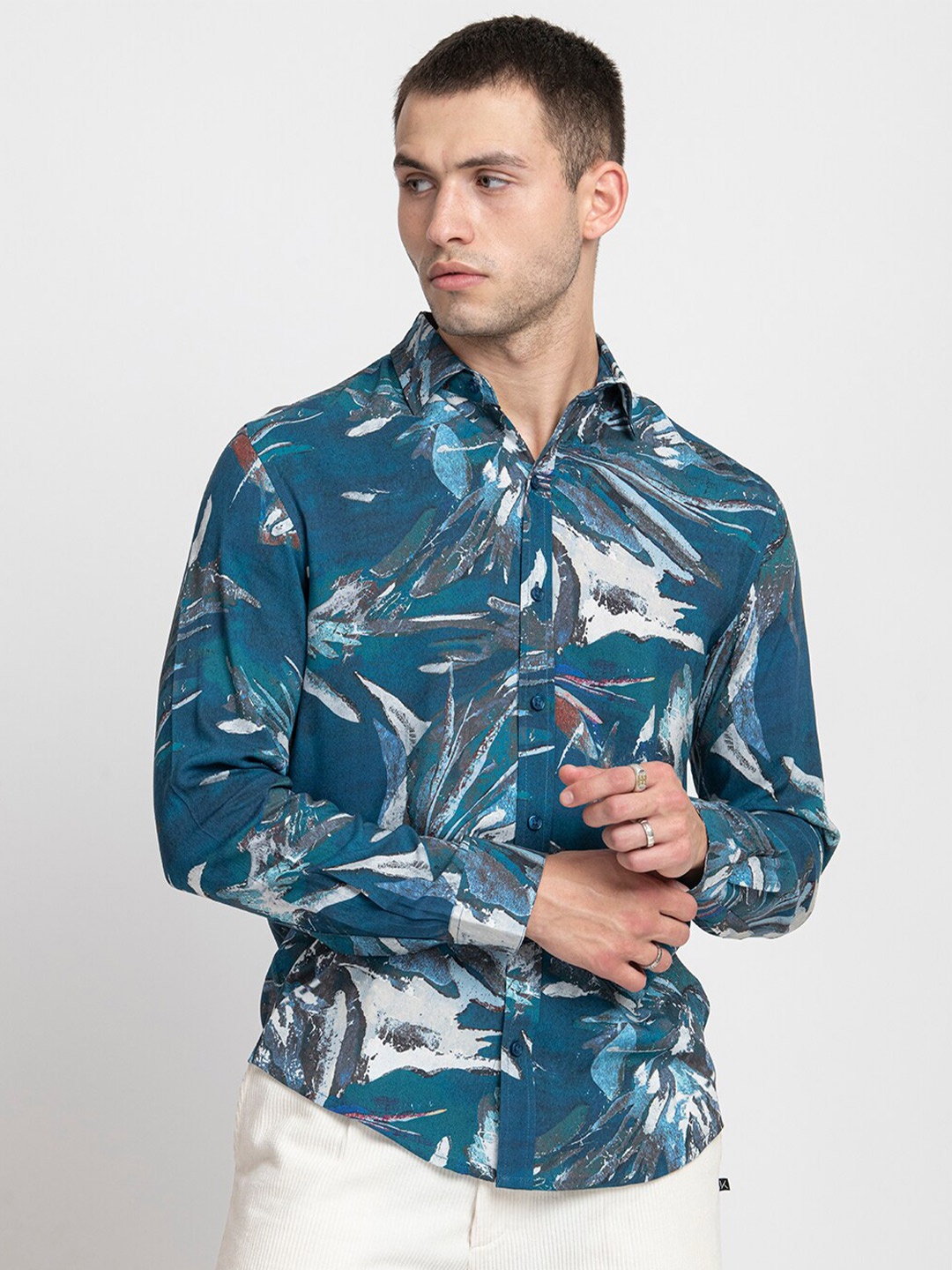 

KISSOSS Classic Slim Fit Floral Printed Casual Shirt, Teal