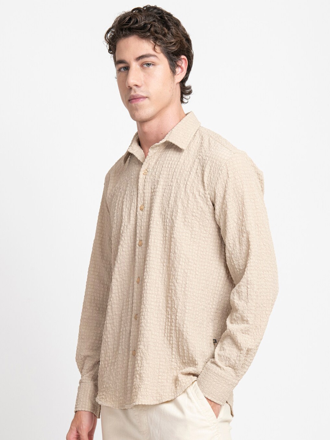 

KISSOSS Classic Relaxed Fit Self Design Casual Shirt, Beige