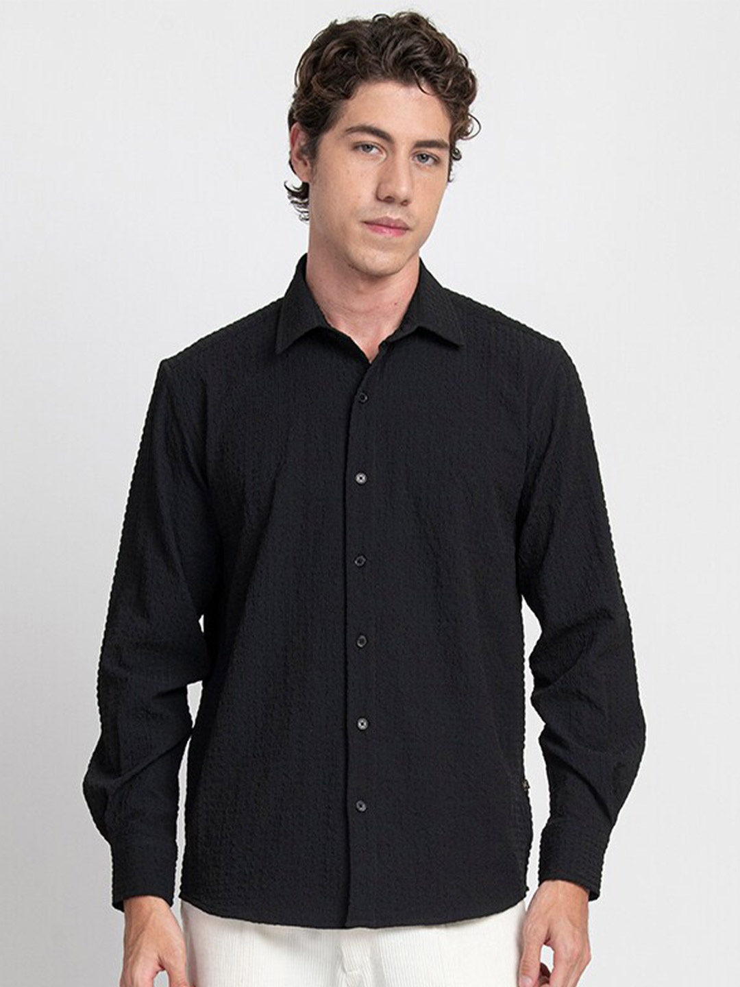 

KISSOSS Classic Relaxed Fit Self Design Casual Shirt, Black