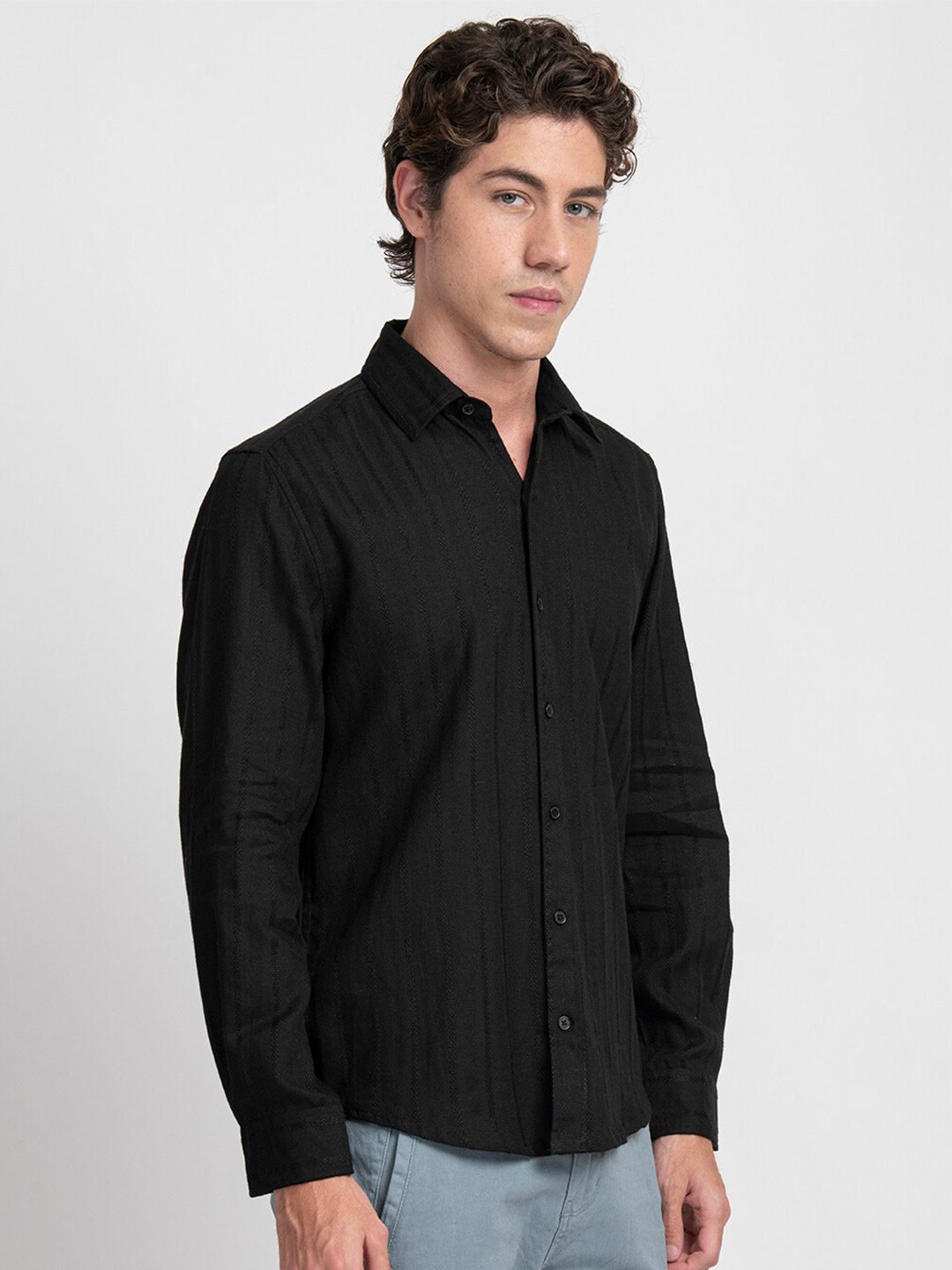 

KISSOSS Classic Slim Fit Self Design Cotton Casual Shirt, Black