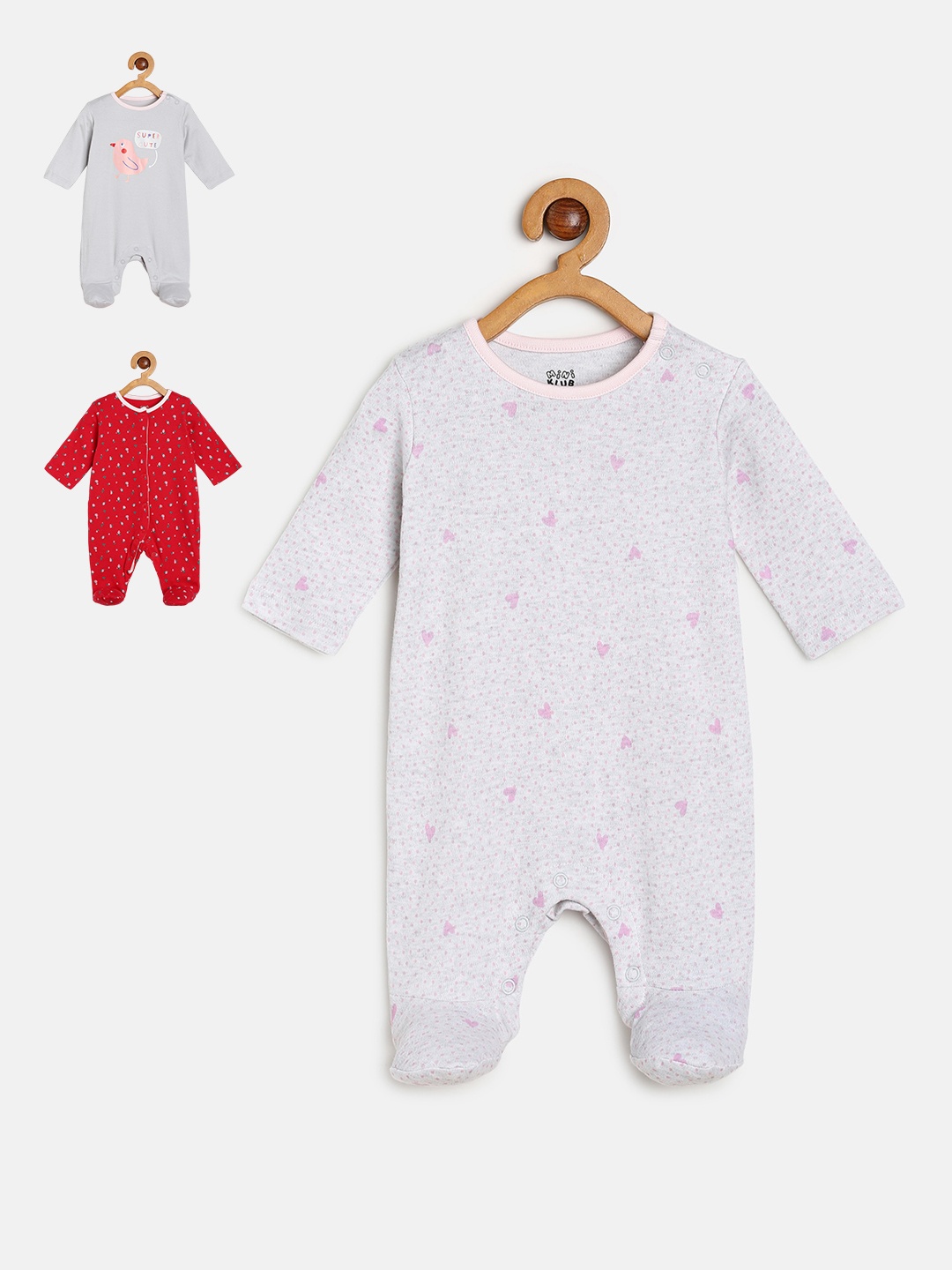 

MINI KLUB Infants Pack of 3 Printed Pure Cotton Sleepsuits, Red