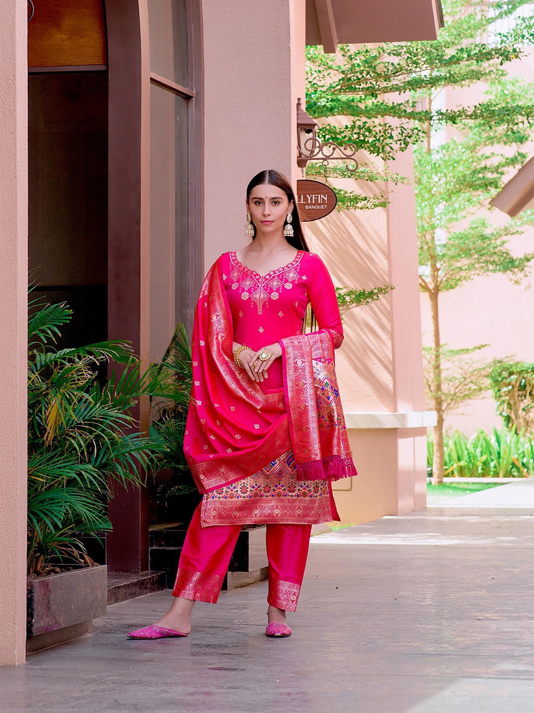 VISHNU WEAVES Ethnic Motifs Woven Design Zari Pure Silk Unstitched Dress Material, Pink