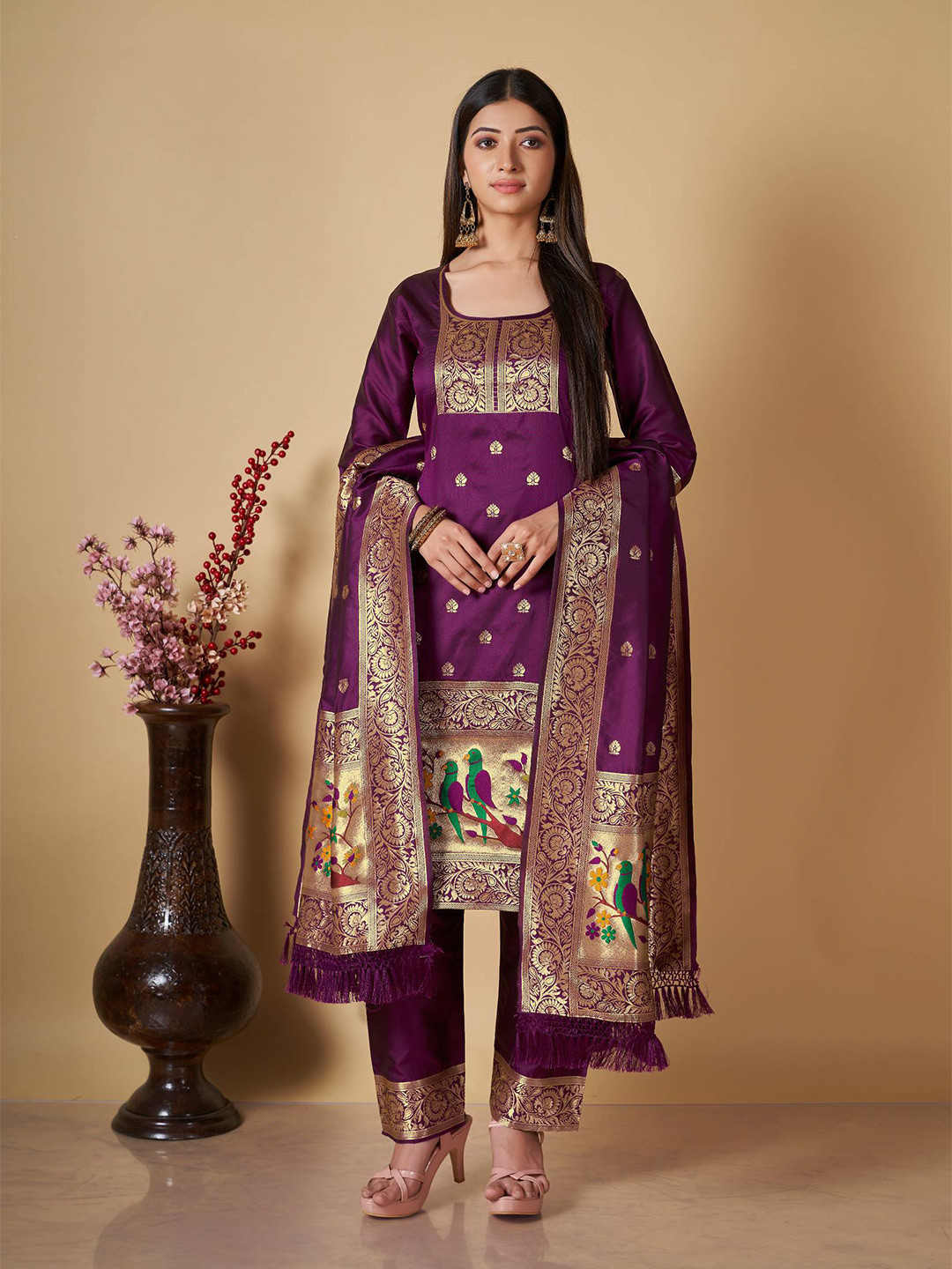 

VISHNU WEAVES Ethnic Motifs Woven Design Kalamkari Pure Silk Unstitched Dress Material, Burgundy