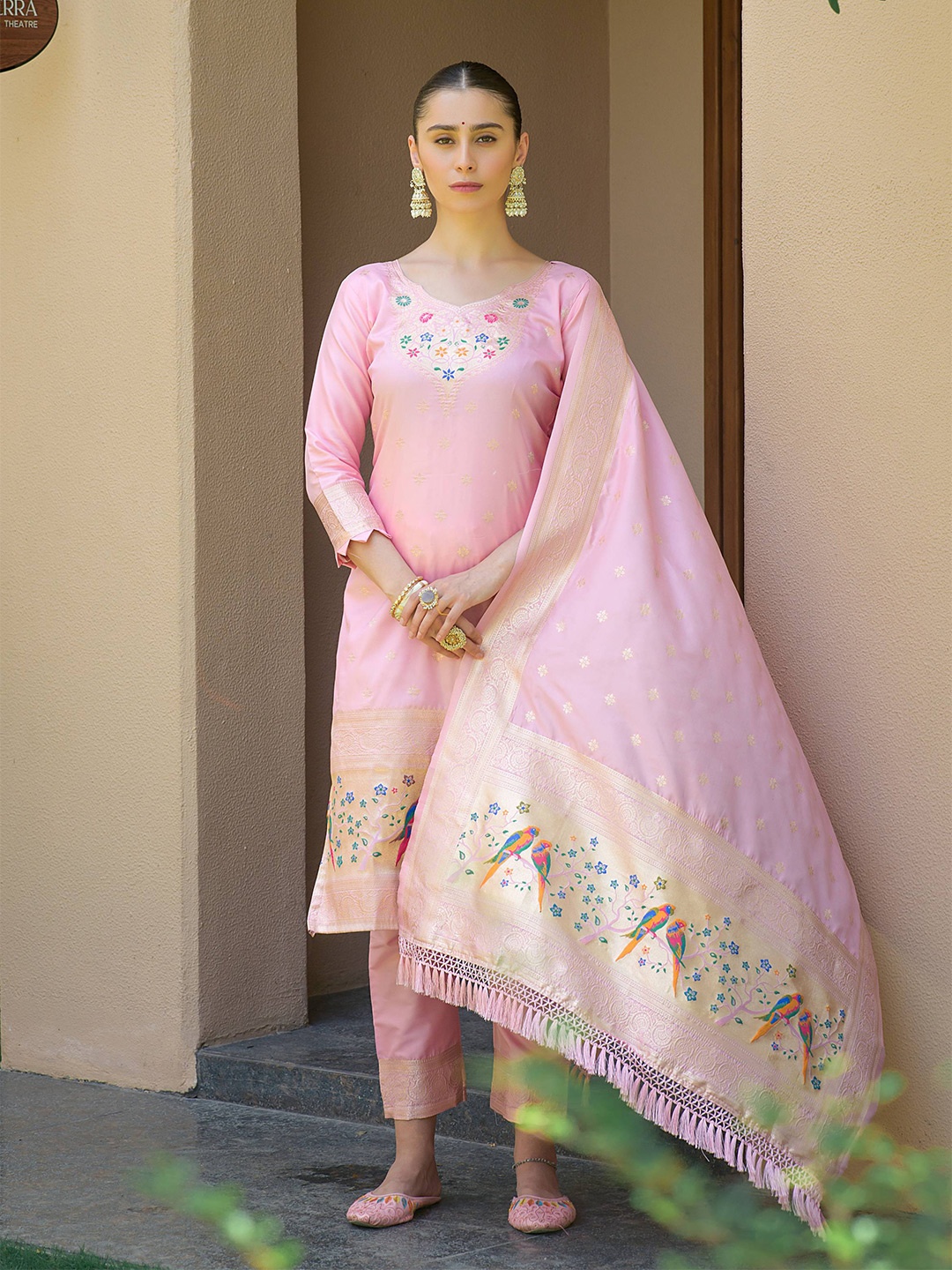 

VISHNU WEAVES Ethnic Motifs Woven Design Pure Silk Unstitched Dress Material, Pink