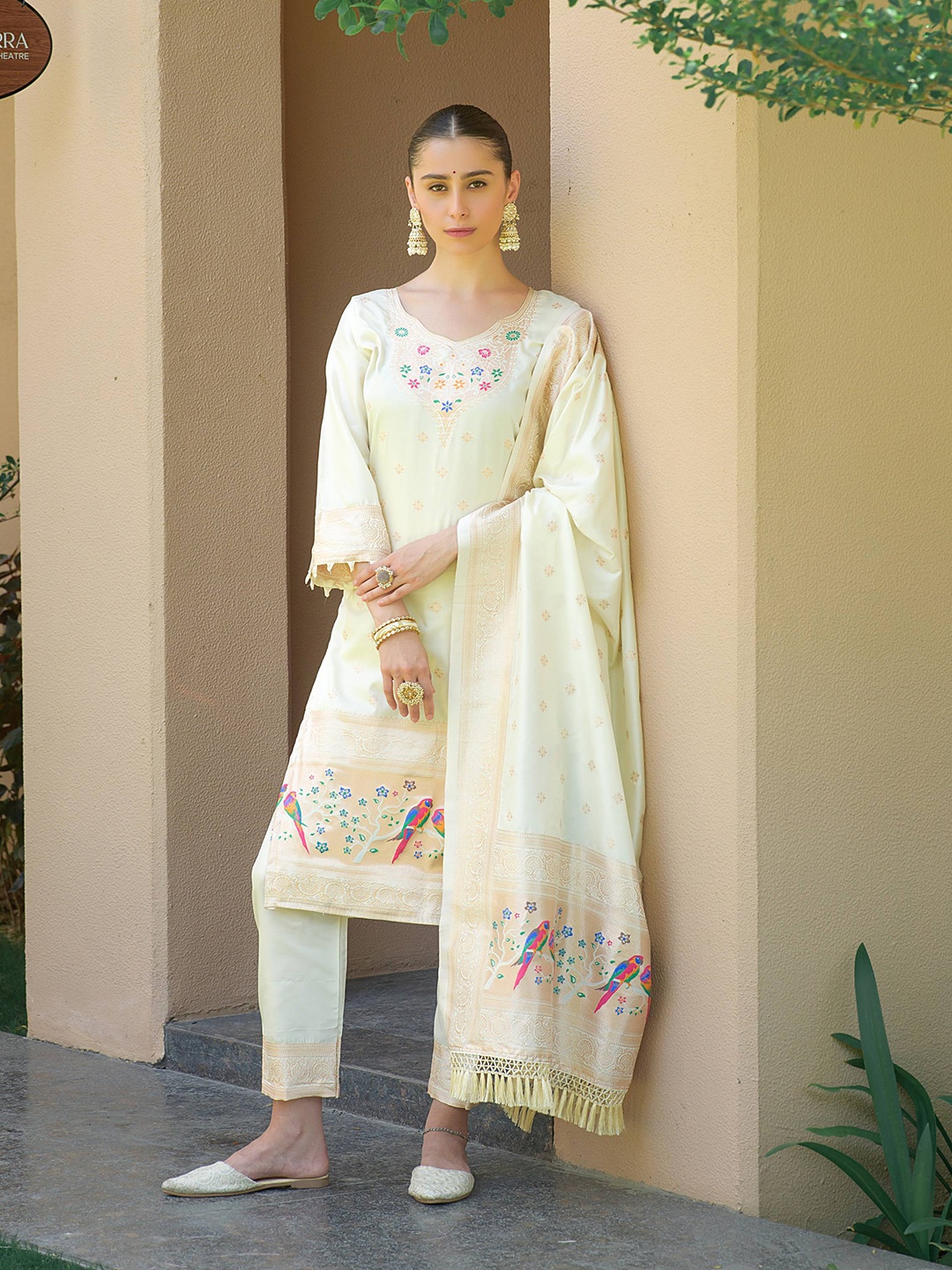 

VISHNU WEAVES Ethnic Motifs Woven Design Zari Pure Silk Unstitched Dress Material, Off white