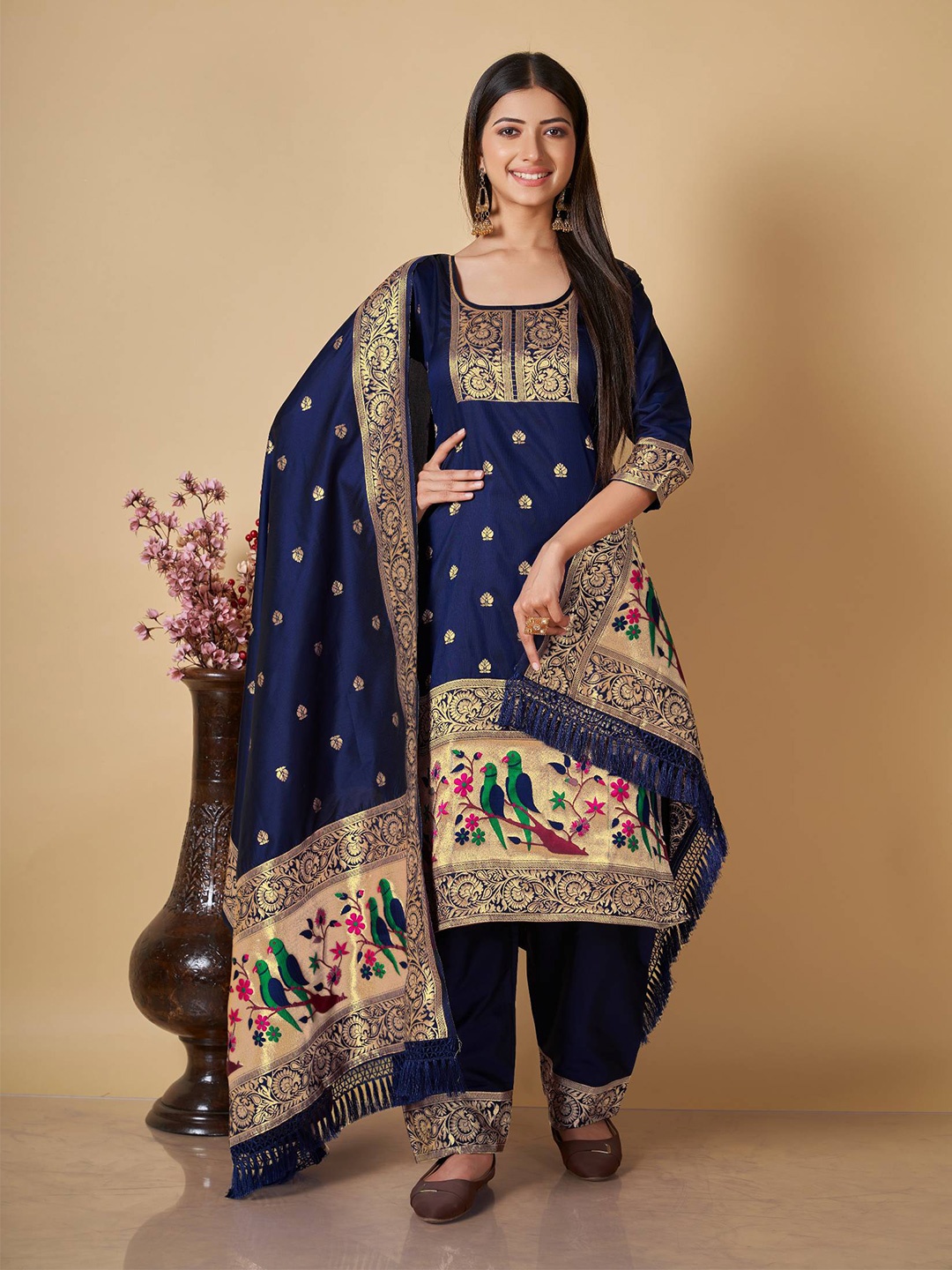 

VISHNU WEAVES Woven Design Zari Pure Silk Unstitched Dress Material, Navy blue