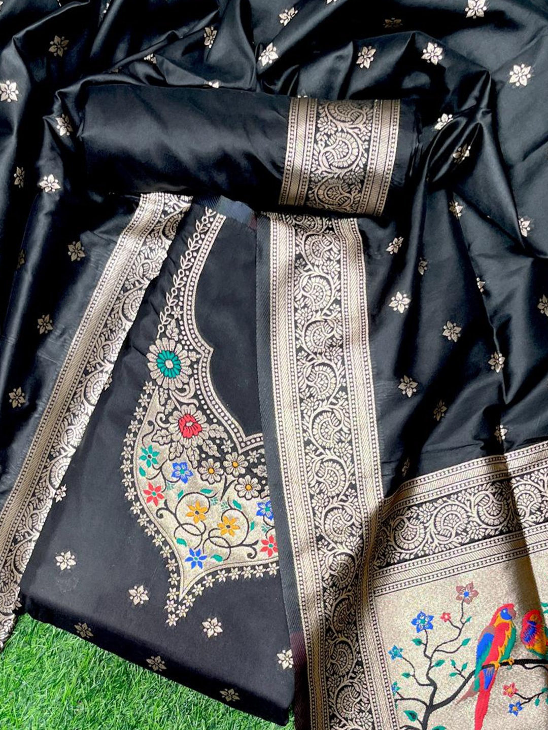 

VISHNU WEAVES Ethnic Motifs Woven Design Pure Silk Unstitched Dress Material, Black