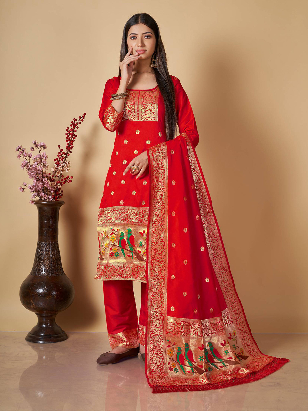 

VISHNU WEAVES Ethnic Motifs Woven Design Zari Pure Silk Unstitched Dress Material, Red