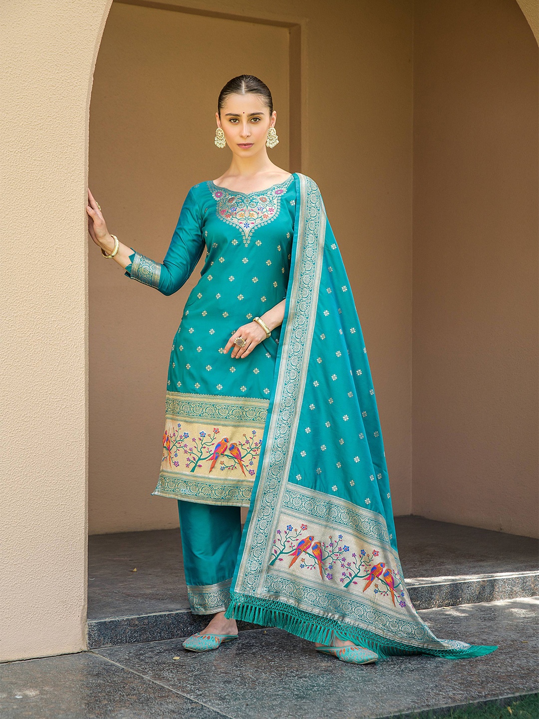 

VISHNU WEAVES Turquoise Blue Pure Silk Unstitched Dress Material