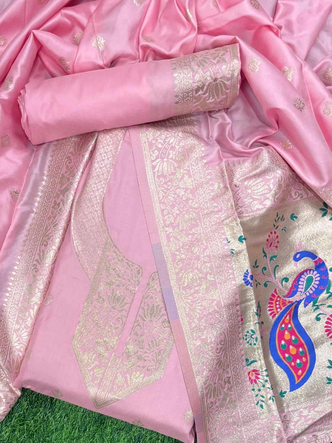 

VISHNU WEAVES Ethnic Motifs Woven Design Zari Pure Silk Unstitched Dress Material, Pink