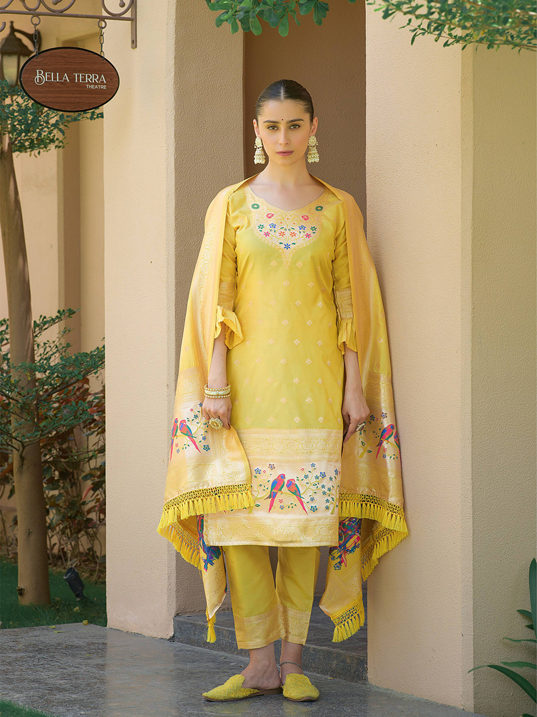 

VISHNU WEAVES Ethnic Motifs Woven Design Zari Pure Silk Unstitched Dress Material, Yellow