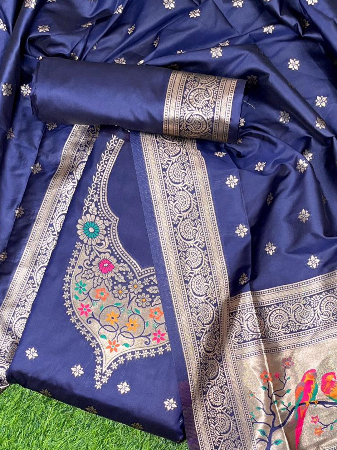 

VISHNU WEAVES Ethnic Motifs Woven Design Zari Pure Silk Unstitched Dress Material, Navy blue