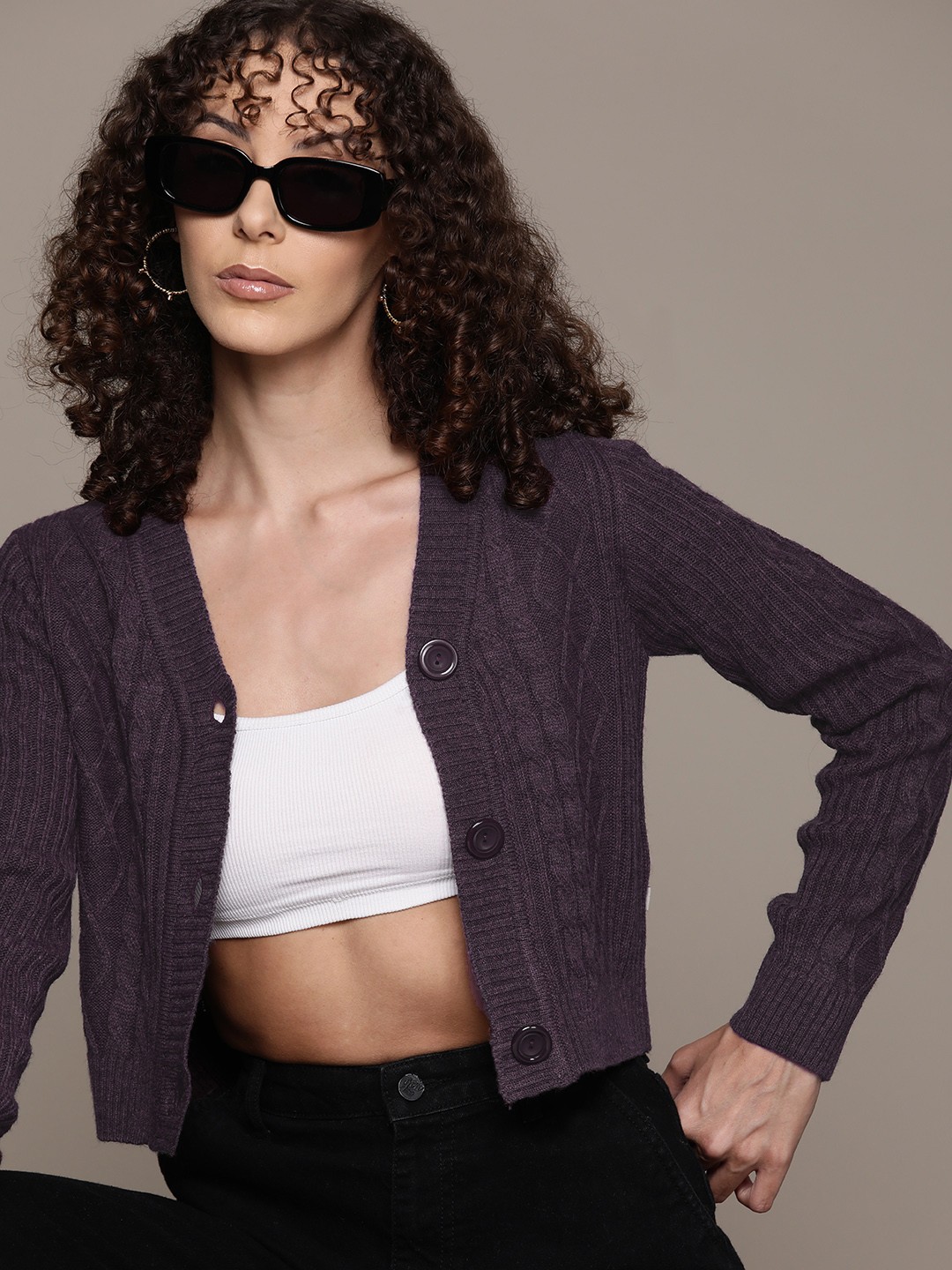 

Roadster Women Crop Cardigan, Purple