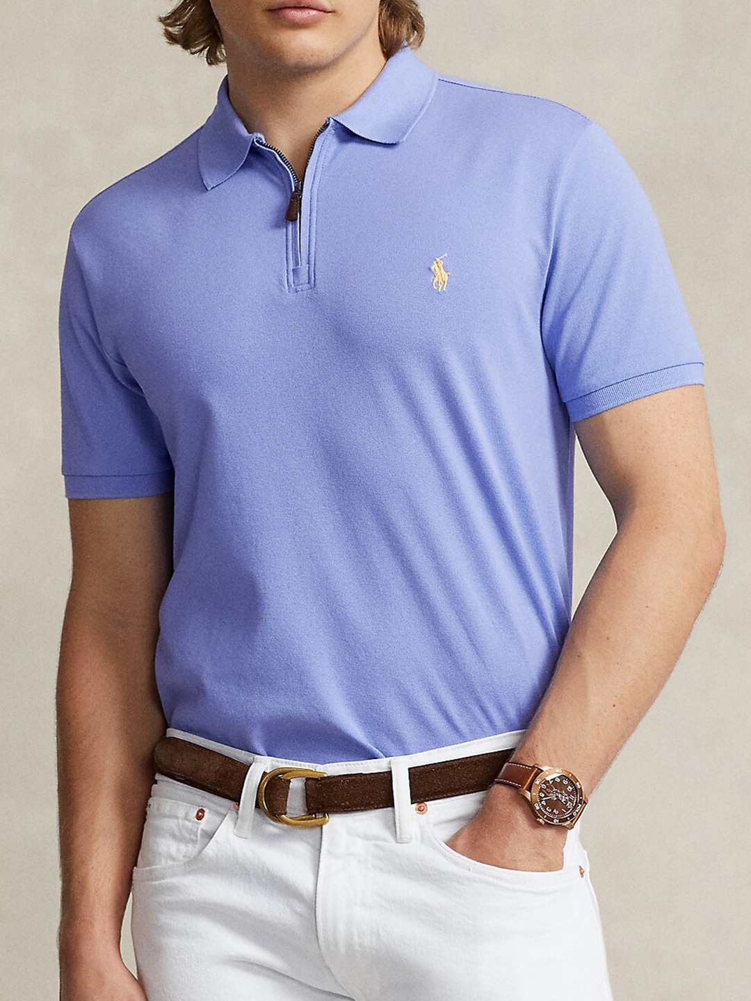

Polo Ralph Lauren Cotton Slim Stretch Mesh Zip Polo TShirt, Blue