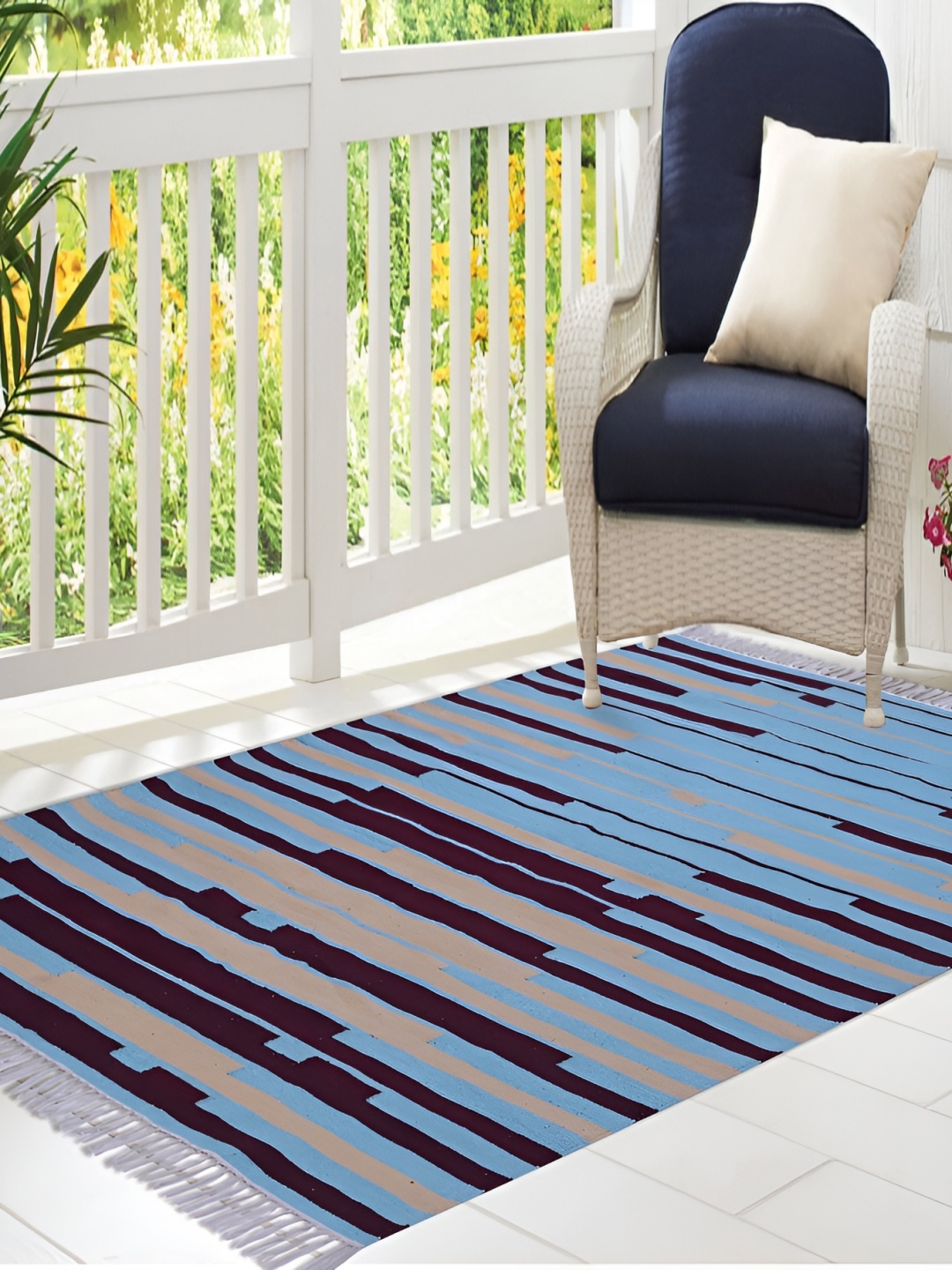 

PEQURA Blue & Beige Striped Handmade Woollen Carpet