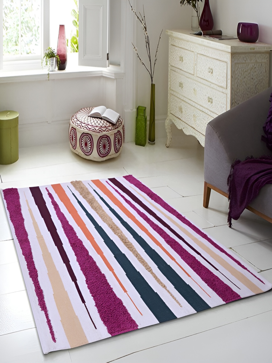 

PEQURA White &Pink Stripped Handmade Woollen Carpet