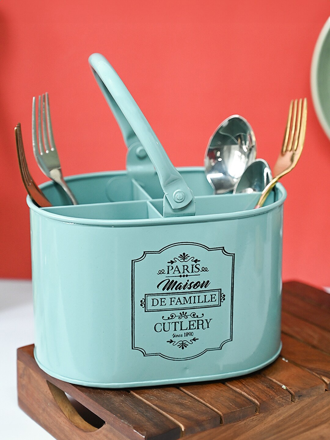 

MARKET99 Green Metal Typography Printed Cutlery Holder