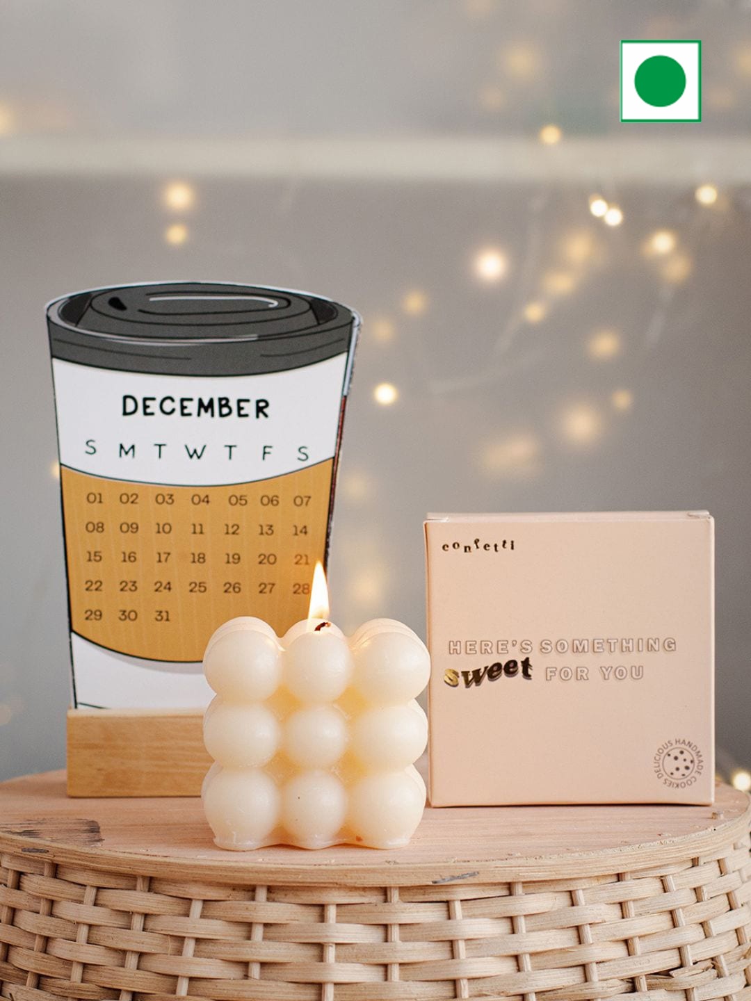 

Confetti Gifts Set of 3 Calender & Bubble Candle with Choco Chunk Cookies, Beige