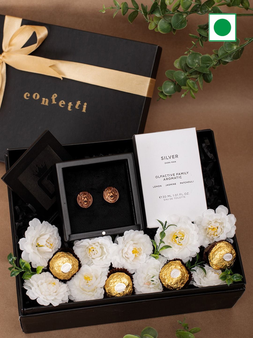 

Confetti Gifts Lapel Pin & Perfume With Ferrero Rocher Chocolate Gift Set, Metallic