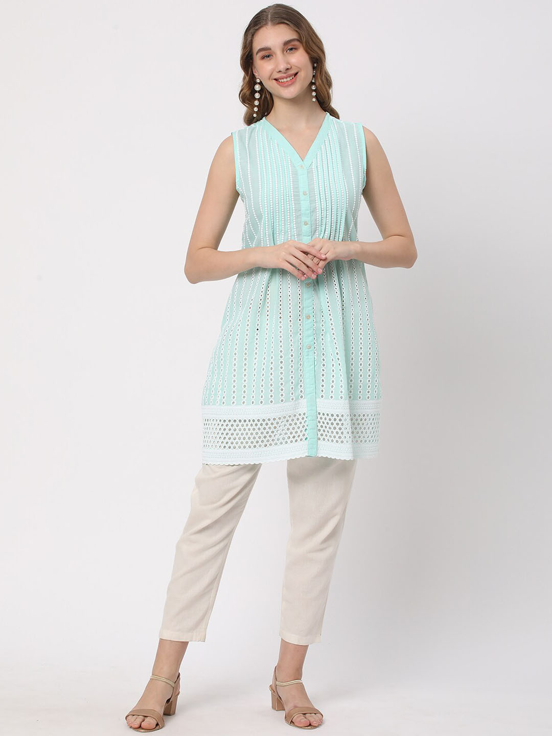 

R&B Striped Embroidered V-Neck Sleeveless Pleated A-Line Kurta, Green