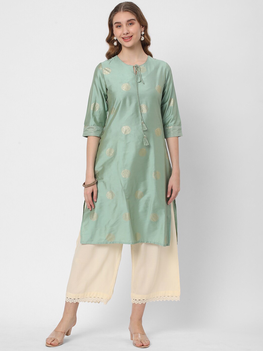 

R&B Ethnic Motifs Printed Tie-Up Neck Three-Quarter Sleeves Kurta, Green