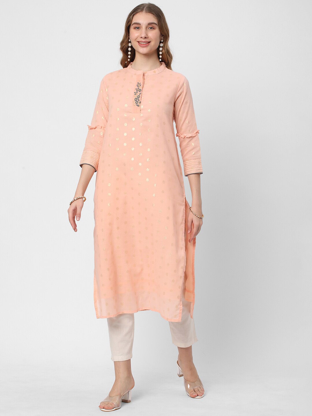 

R&B Ethnic Motifs Printed Mandarin Collar Cotton Kurta, Peach