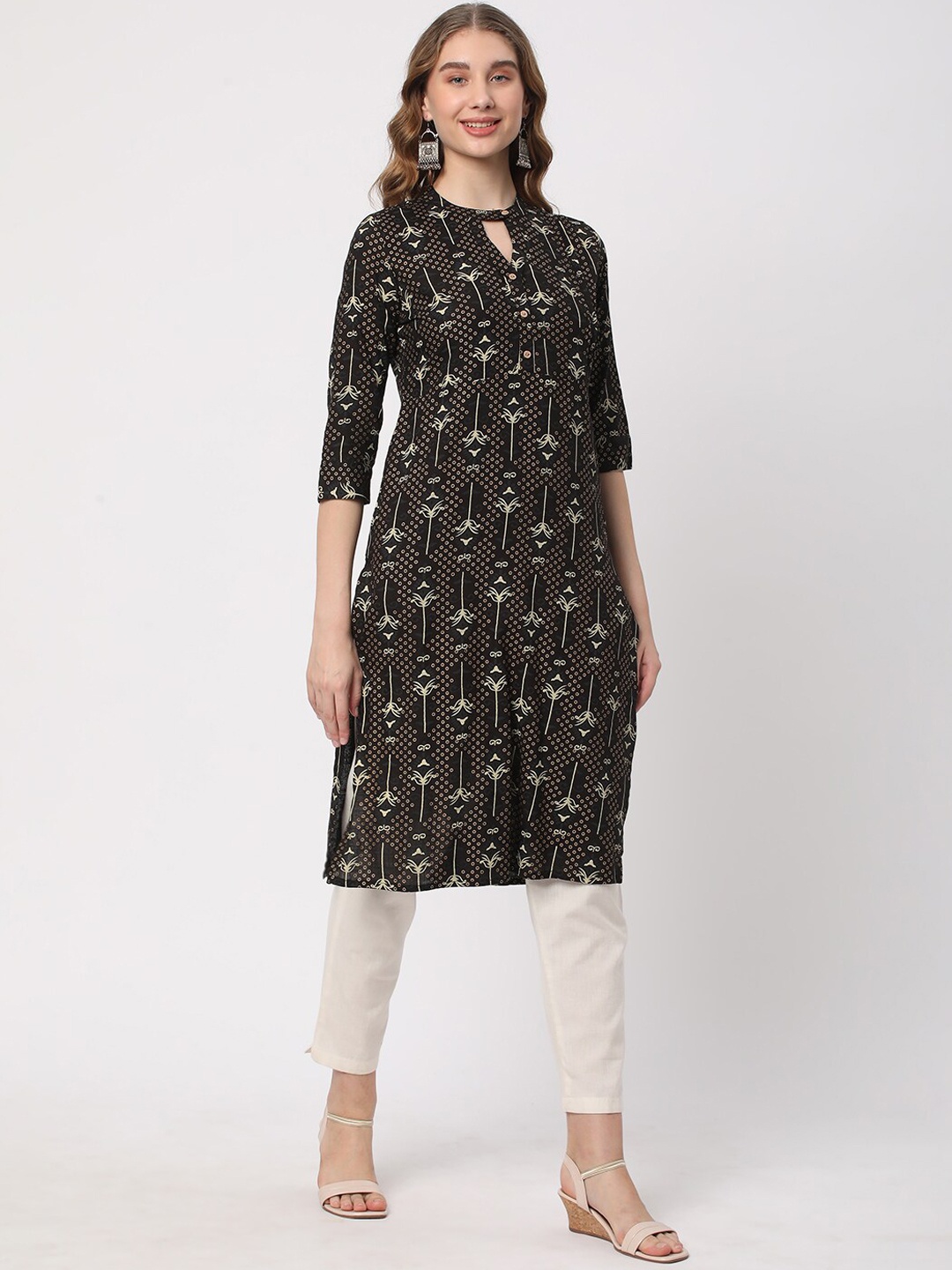 

R&B Ethnic Motifs Printed Keyhole Neck Three-Quarter Sleeves Straight Kurta, Black