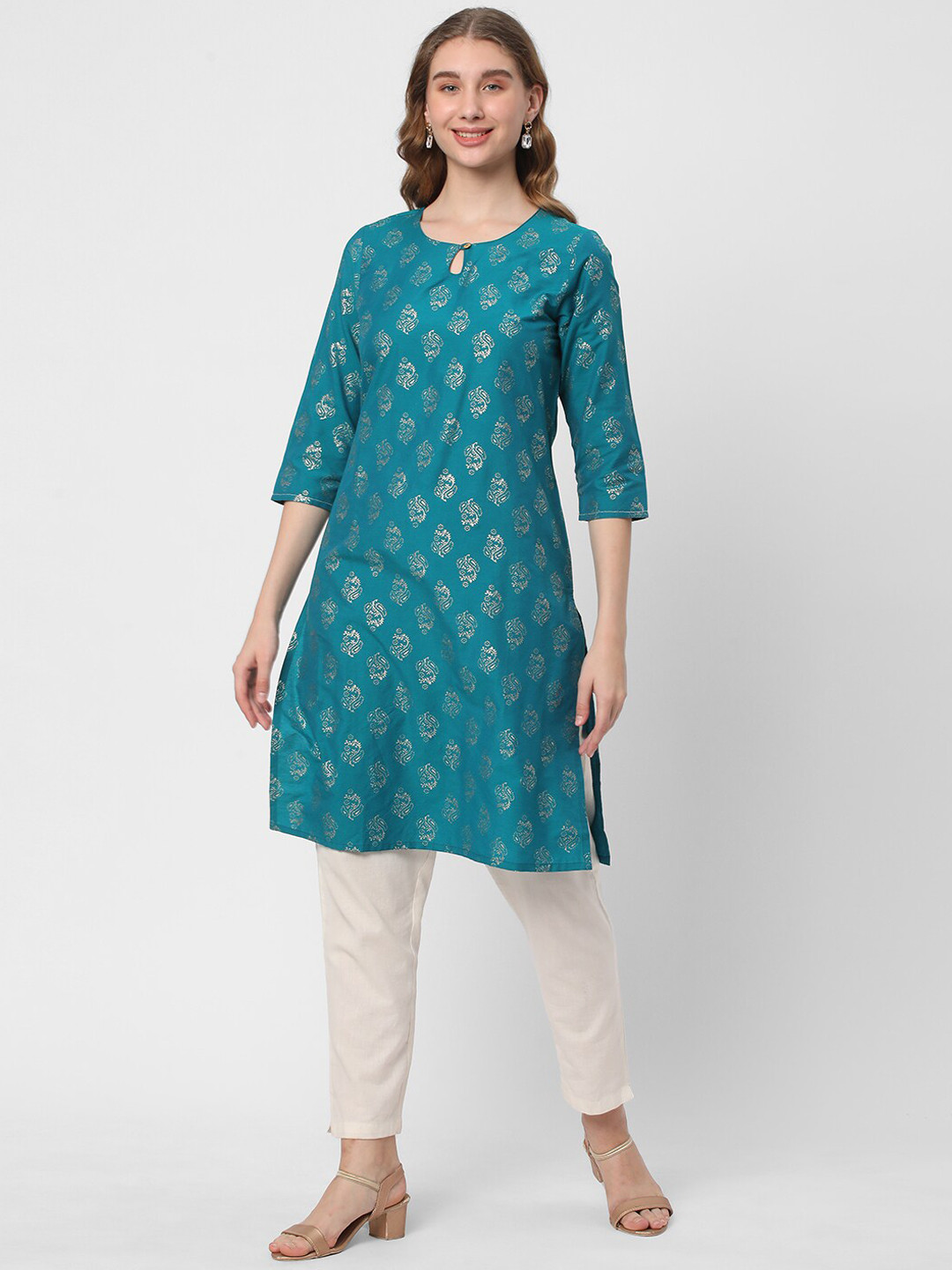 

R&B Ethnic Motifs Printed Keyhole Neck Straight Kurta, Teal