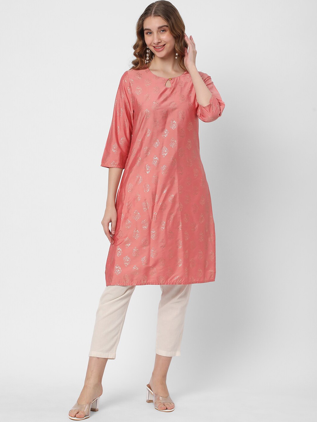 

R&B Ethnic Motifs Printed Key Hole Neck Kurta, Peach