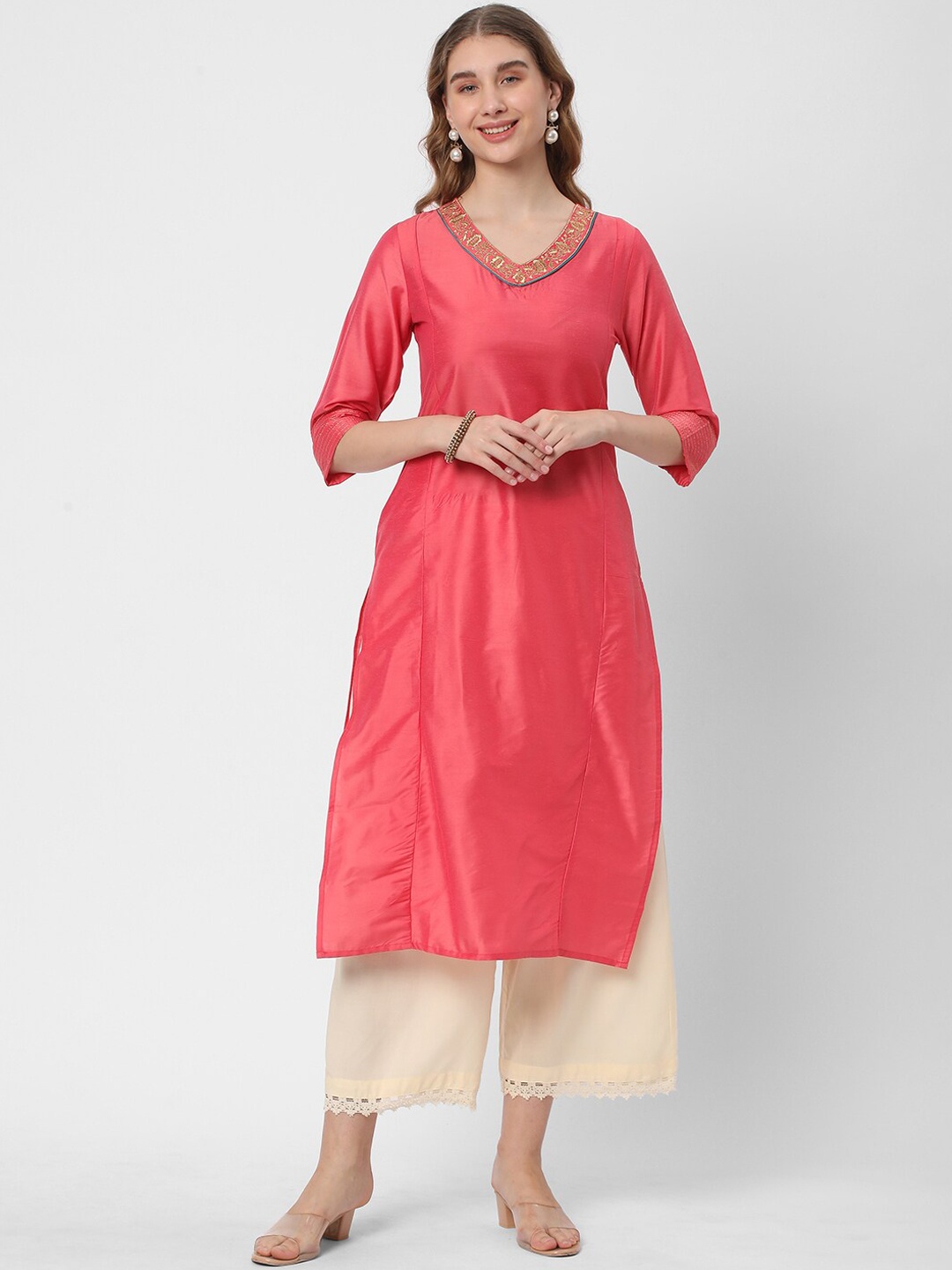 

R&B V-Neck Thread Work Straight Kurta, Fuchsia